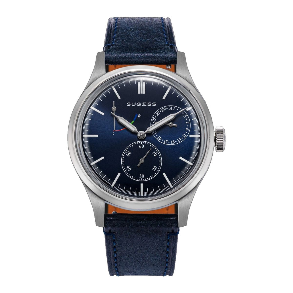 Sugess S458 automatic power-reserve watch, blue dial, navy leather strap, front view