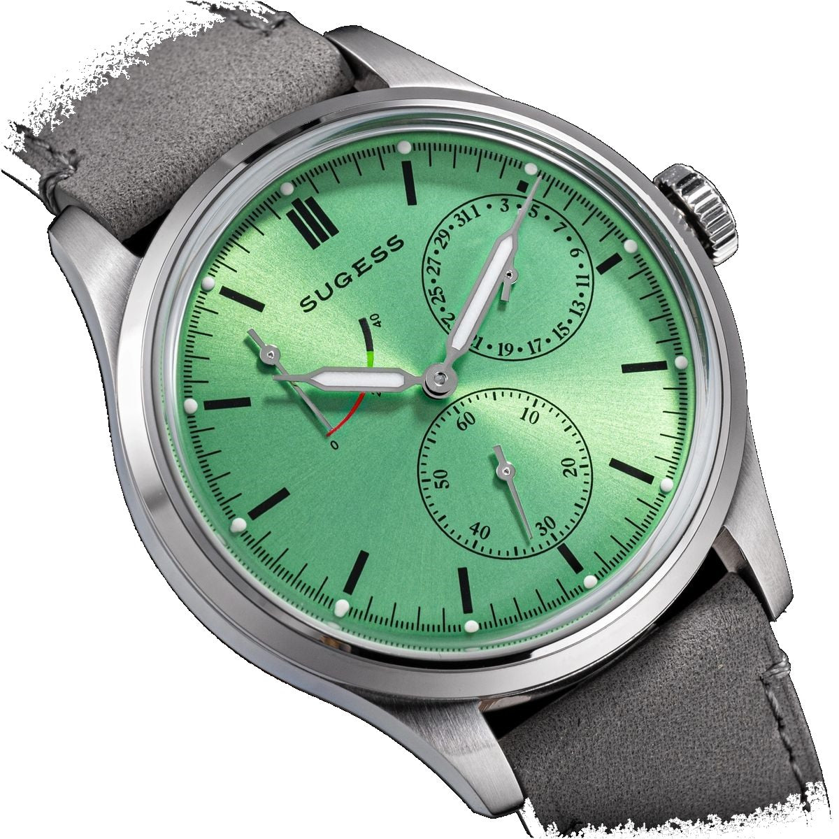 Sugess S458 green dial power-reserve watch, grey suede strap, angled view with date sub-dial to the right, on black