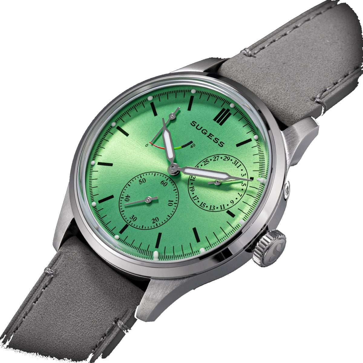 Sugess S458 green dial power-reserve watch, grey suede strap, three-quarter angled view on black