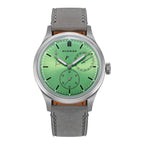 Sugess S458 automatic power-reserve watch, green dial, grey suede strap, front view