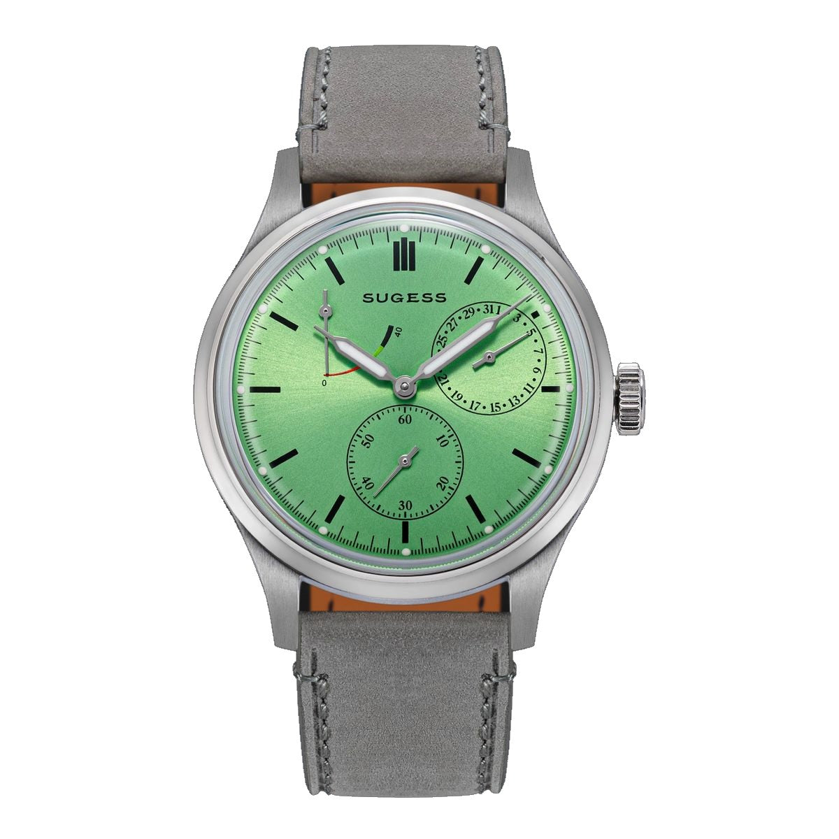 Sugess S458 automatic power-reserve watch, green dial, grey suede strap, front view