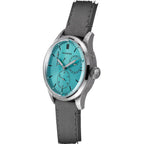 Sugess S458 petrol teal dial power-reserve watch, grey suede strap, angled product view on black