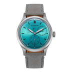 Sugess S458 automatic power-reserve watch, petrol teal dial, grey suede strap, front view