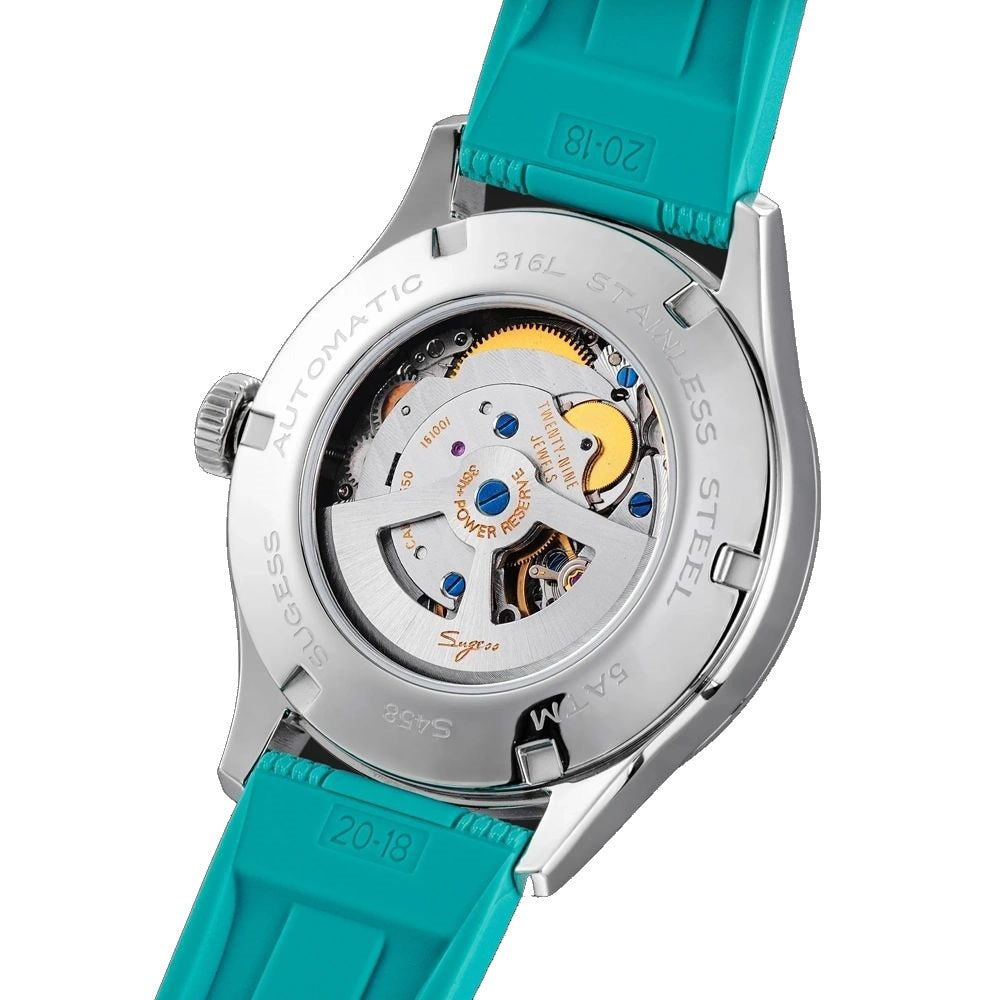 Sugess S458 exhibition caseback, automatic movement, engraved 316L stainless steel 5ATM S458, teal rubber strap