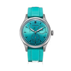 Sugess S458 automatic power-reserve watch, petrol teal dial, teal rubber strap, front view on black