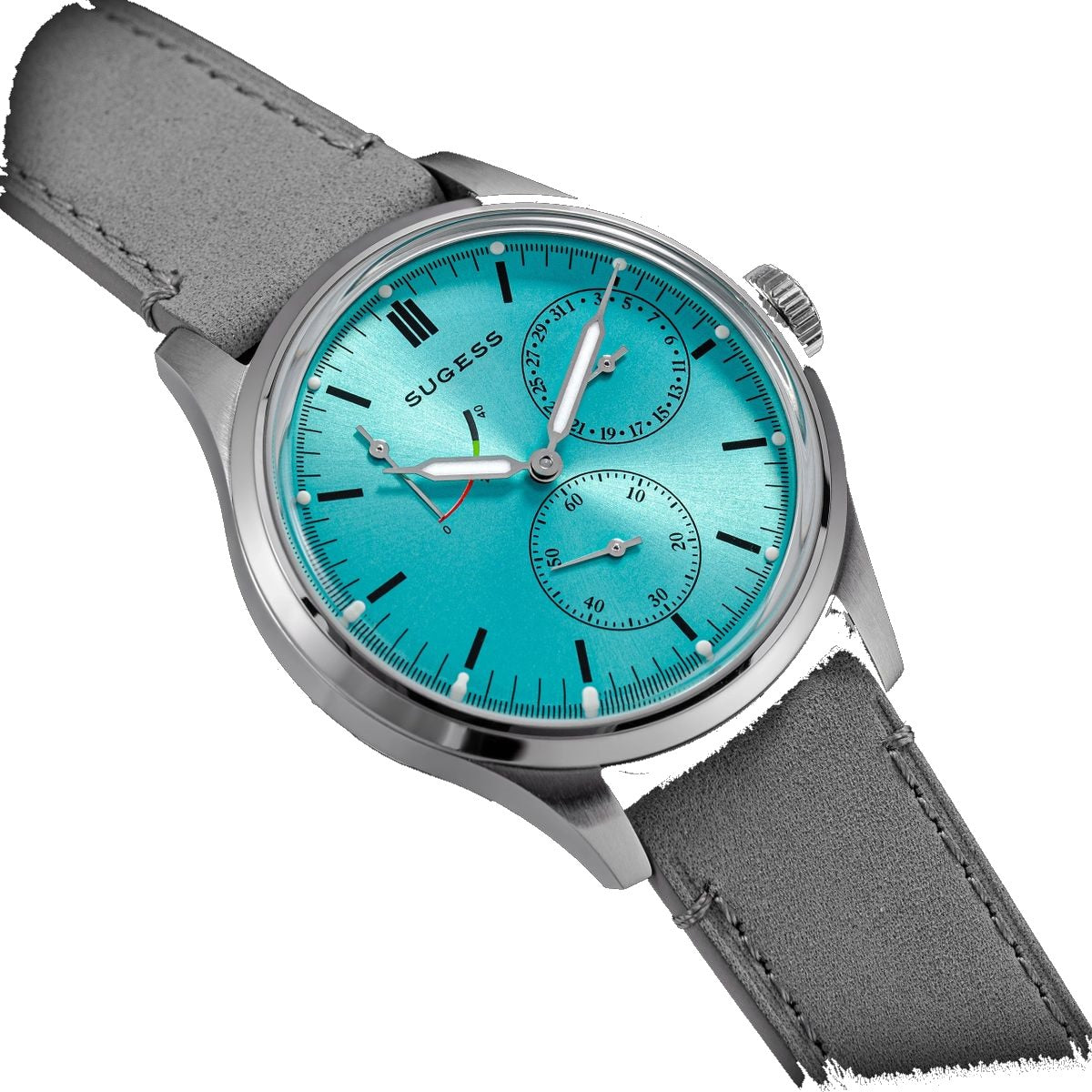 Sugess S458 petrol teal dial power-reserve watch side profile, S-engraved crown, grey suede strap, on black