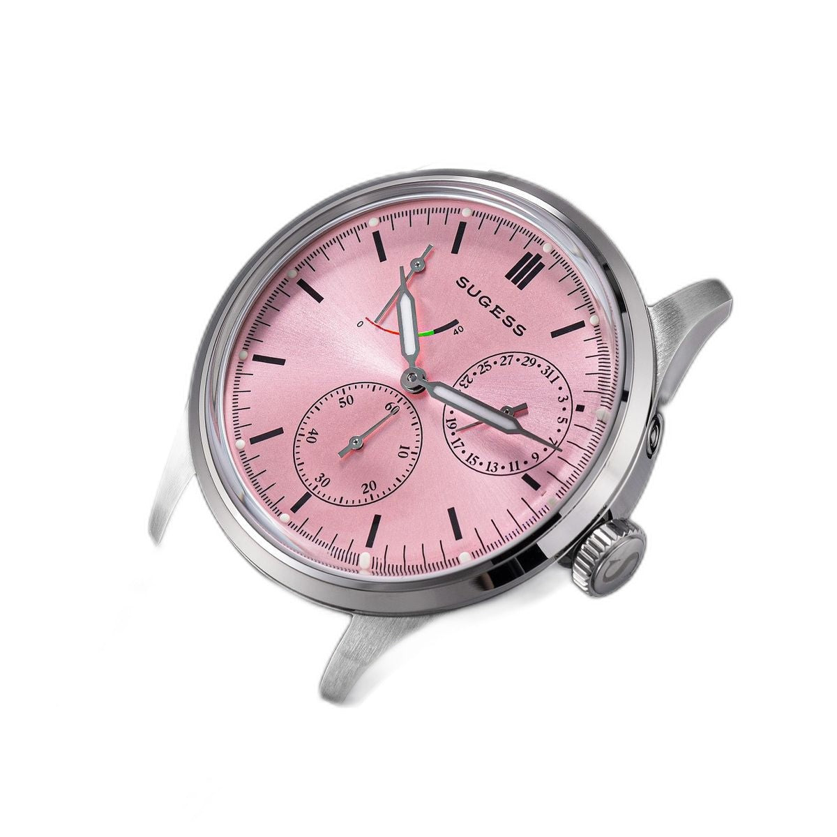 Sugess S458 pink dial power-reserve watch, grey suede strap, three-quarter angled view on black