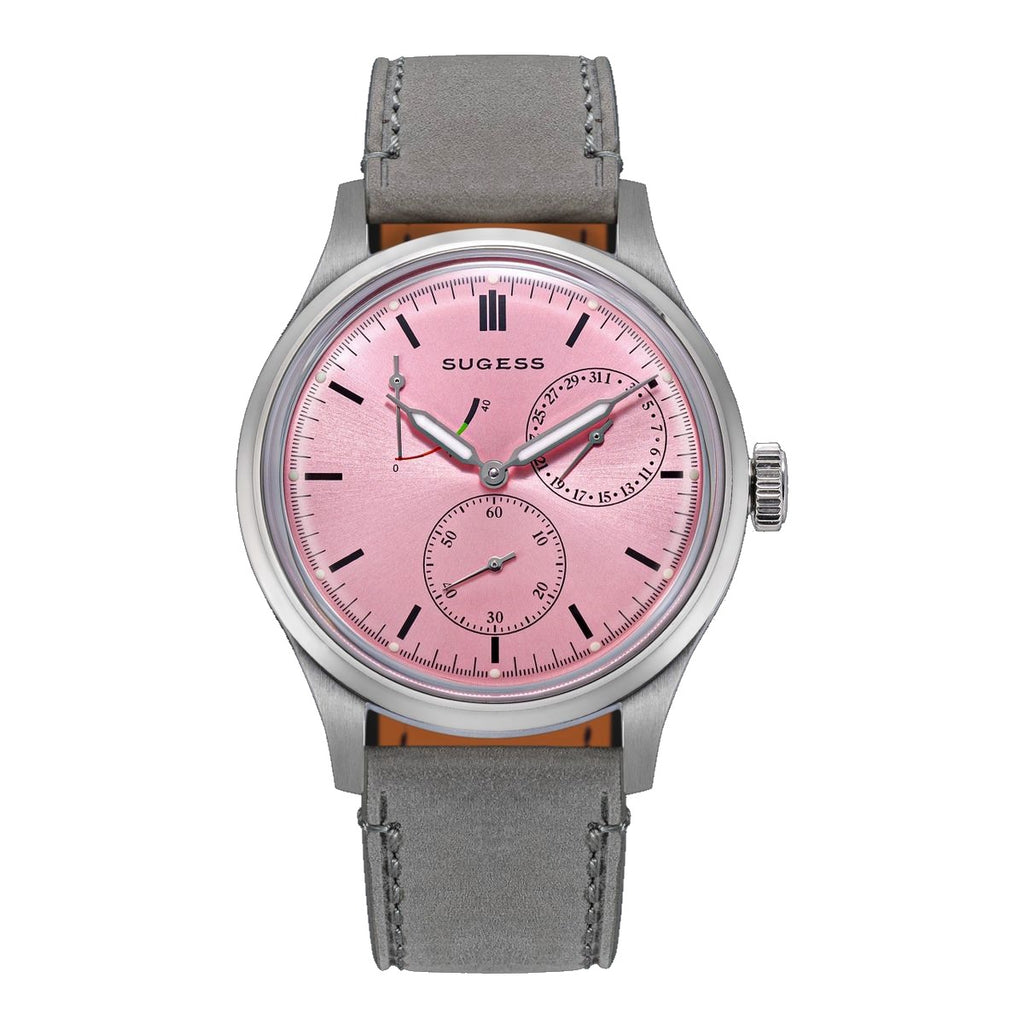 Sugess S458 automatic power-reserve watch, pink dial, grey suede strap, front view