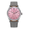 Sugess S458 automatic power-reserve watch, pink dial, grey suede strap, front view