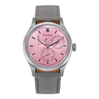 Sugess S458 automatic power-reserve watch, pink dial, grey suede strap, front view