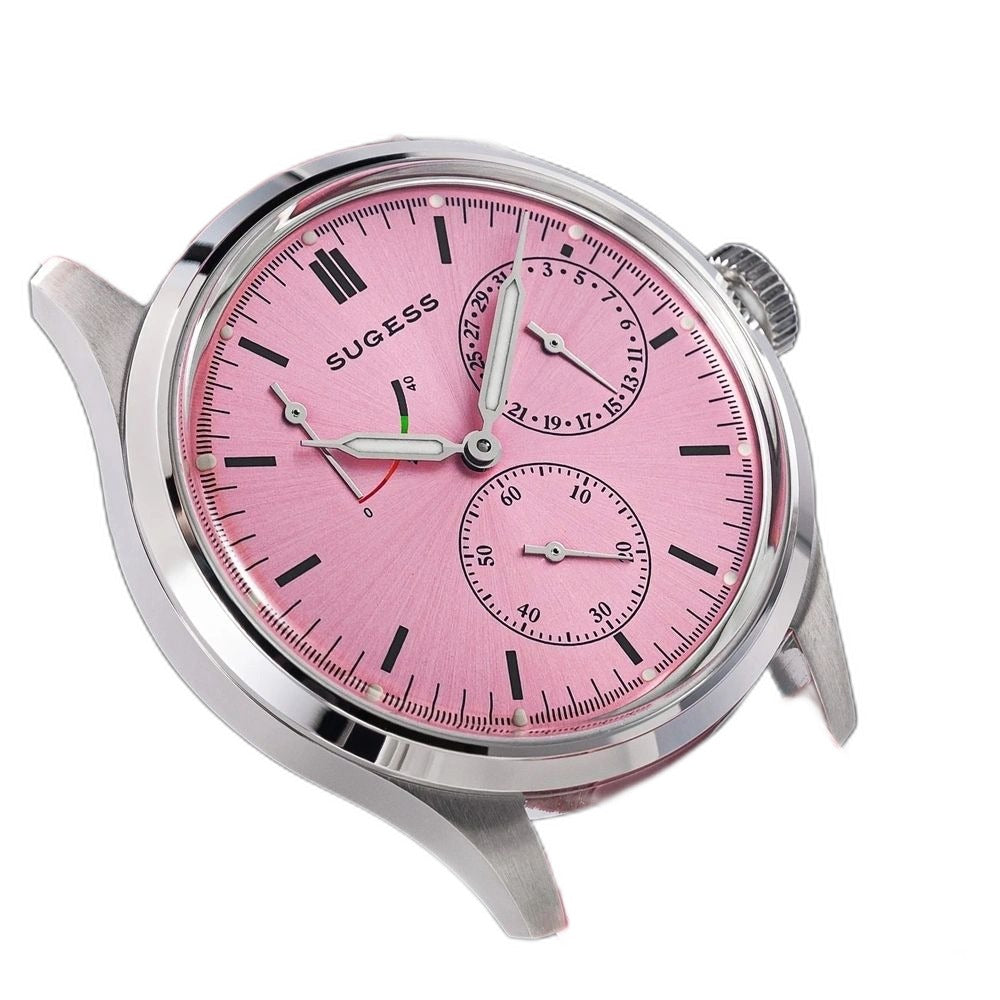 Sugess S458 pink dial power-reserve watch, pink rubber strap, angled product view on black