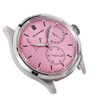 Sugess S458 pink dial power-reserve watch, pink rubber strap, angled product view on black