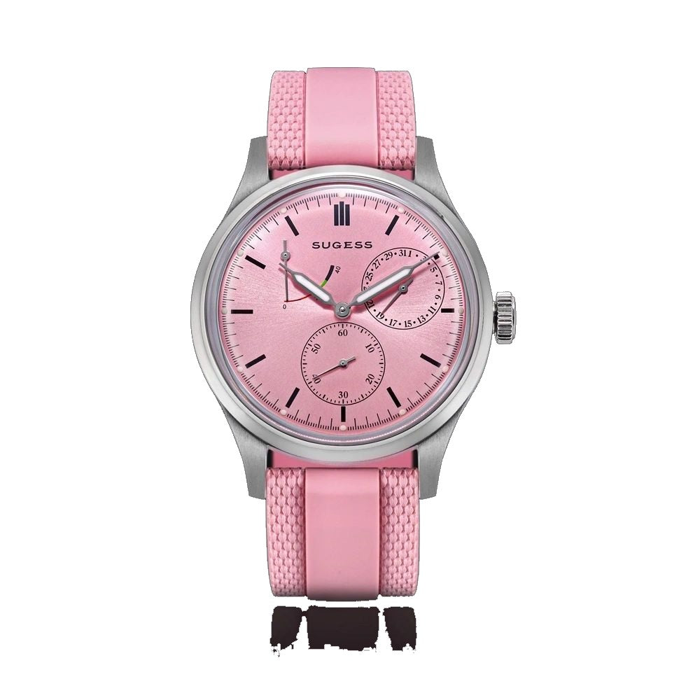 Sugess S458 automatic power-reserve watch, pink dial, pink rubber strap, front view