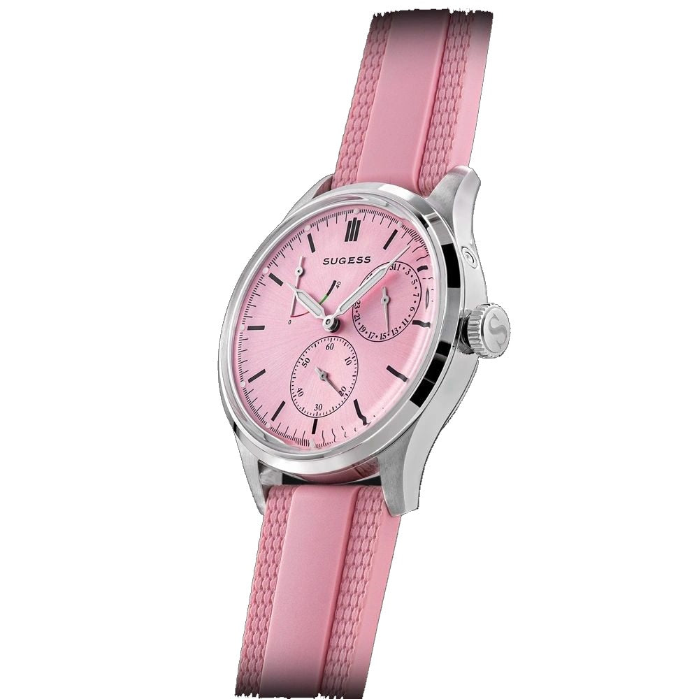 Sugess S458 pink dial power-reserve watch side profile, pink rubber strap, front three-quarter on black