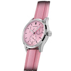 Sugess S458 pink dial power-reserve watch side profile, pink rubber strap, front three-quarter on black