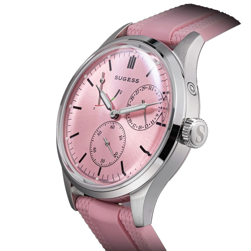 Sugess S458 pink dial power-reserve watch, pink rubber strap, low side profile with S crown, on black