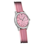 Sugess S458 pink dial power-reserve watch side profile, S-engraved crown, pink rubber strap, on black