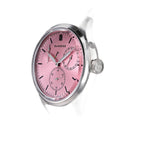 Sugess S458 pink dial power-reserve watch side profile, S-engraved crown, grey suede strap, on black