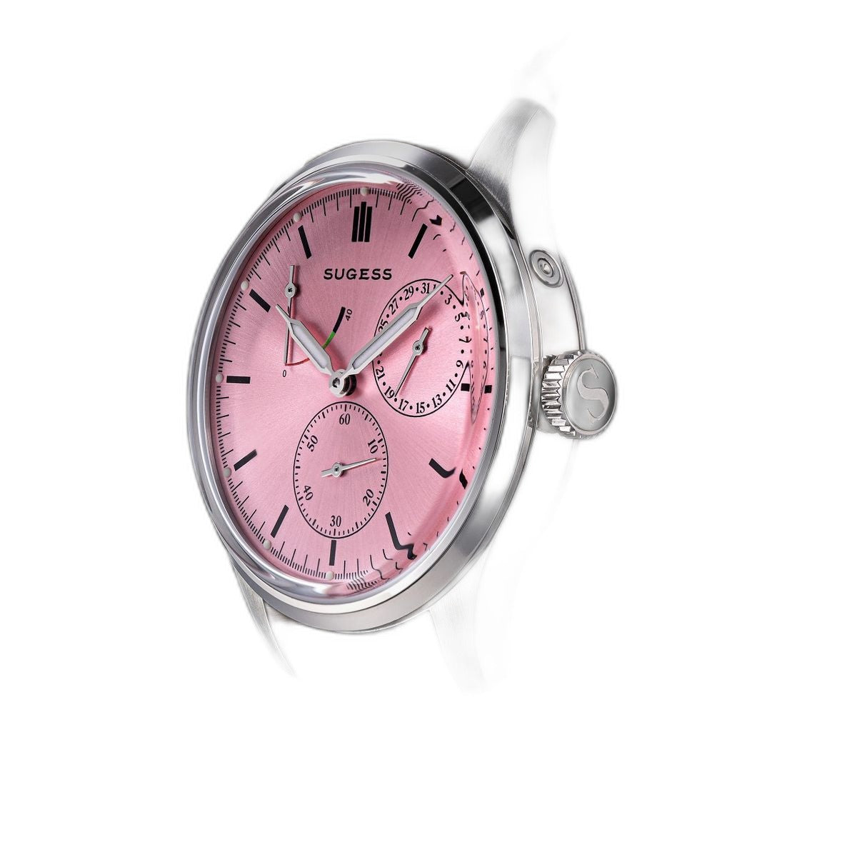 Sugess S458 pink dial power-reserve watch side profile, S-engraved crown, grey suede strap, on black