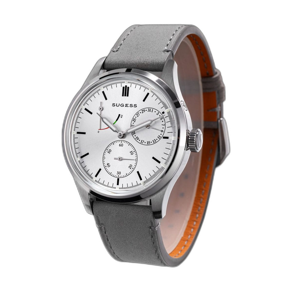 Sugess S458 silver sunburst dial power-reserve watch, grey suede strap, angled view on black