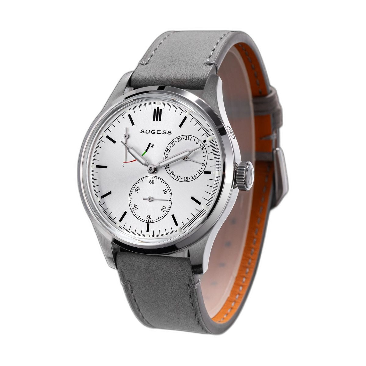Sugess S458 silver sunburst dial power-reserve watch, grey suede strap, angled view on black