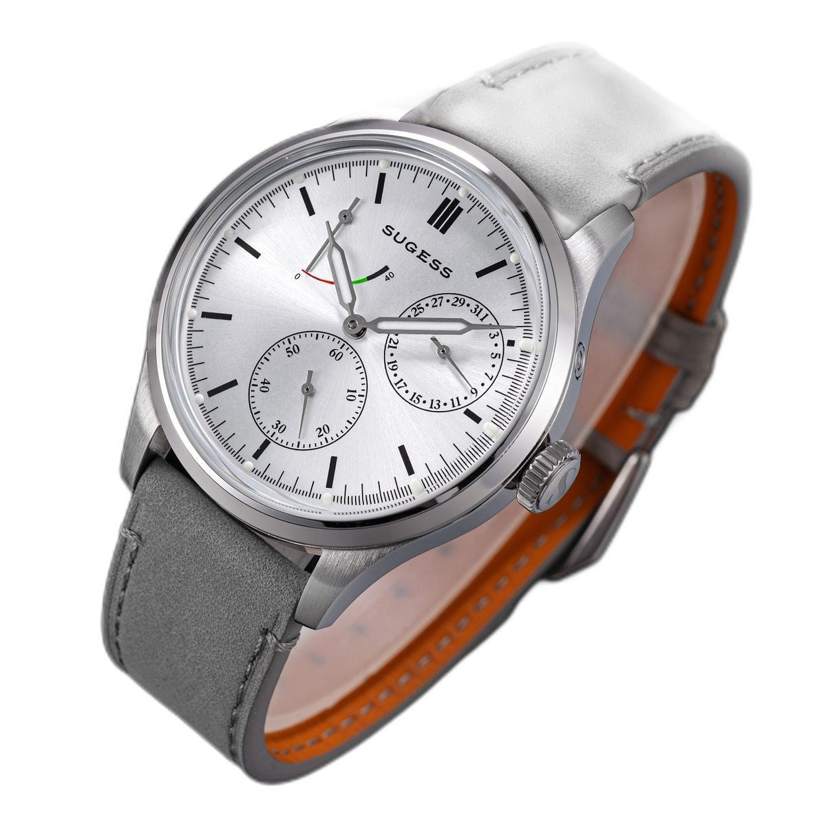 Sugess S458 silver sunburst dial power-reserve watch, grey suede strap, front three-quarter tilt on black