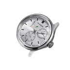 Sugess S458 silver sunburst dial power-reserve watch, grey suede strap, angled product view on black
