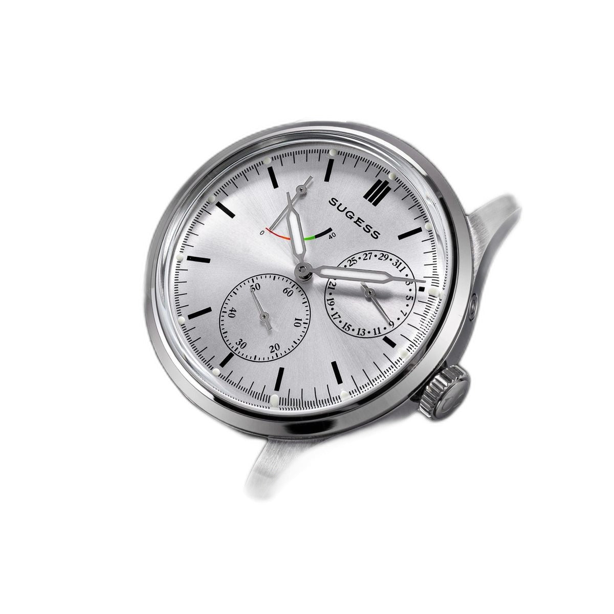 Sugess S458 silver sunburst dial power-reserve watch, grey suede strap, angled product view on black