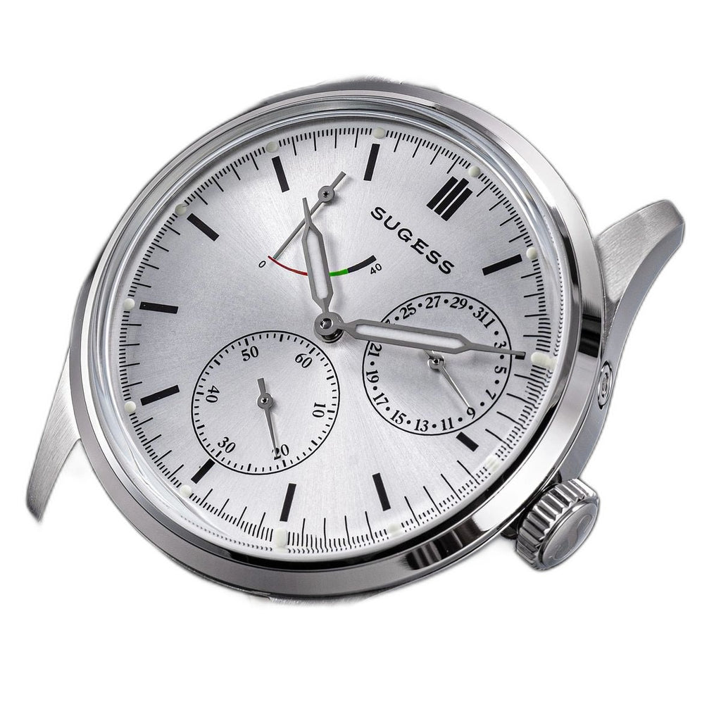 Sugess S458 silver sunburst dial power-reserve watch, grey suede strap, dramatic angled view on black