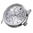 Sugess S458 silver sunburst dial power-reserve watch, grey suede strap, dramatic angled view on black