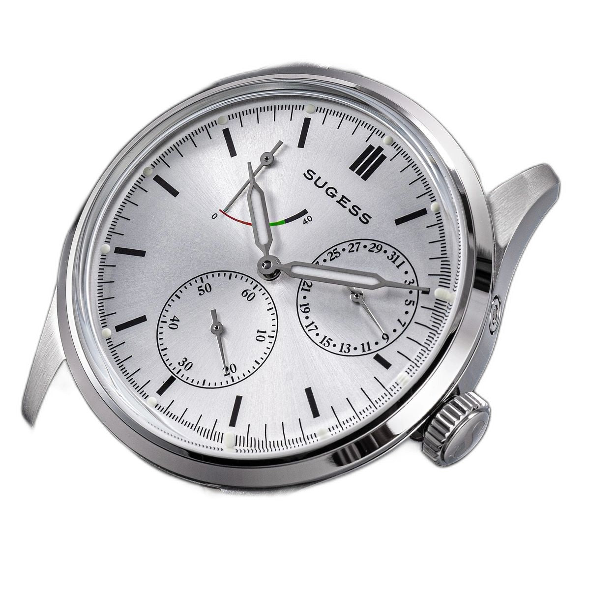 Sugess S458 silver sunburst dial power-reserve watch, grey suede strap, dramatic angled view on black