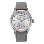 Sugess S458 automatic power-reserve watch, silver sunburst dial, grey suede strap, front view