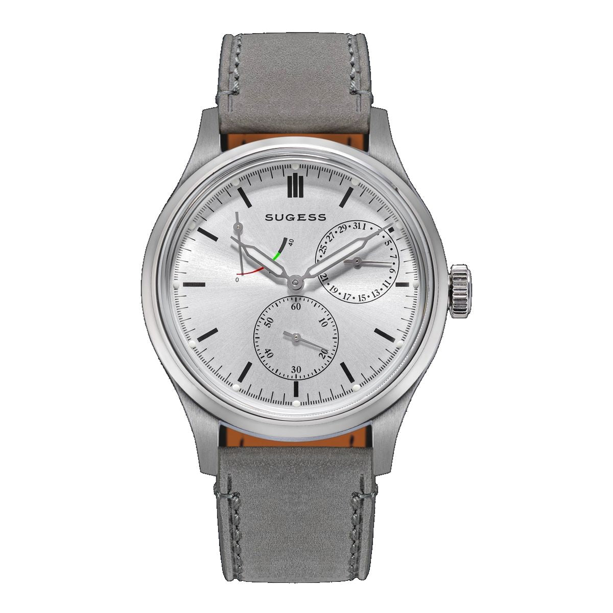 Sugess S458 automatic power-reserve watch, silver sunburst dial, grey suede strap, front view