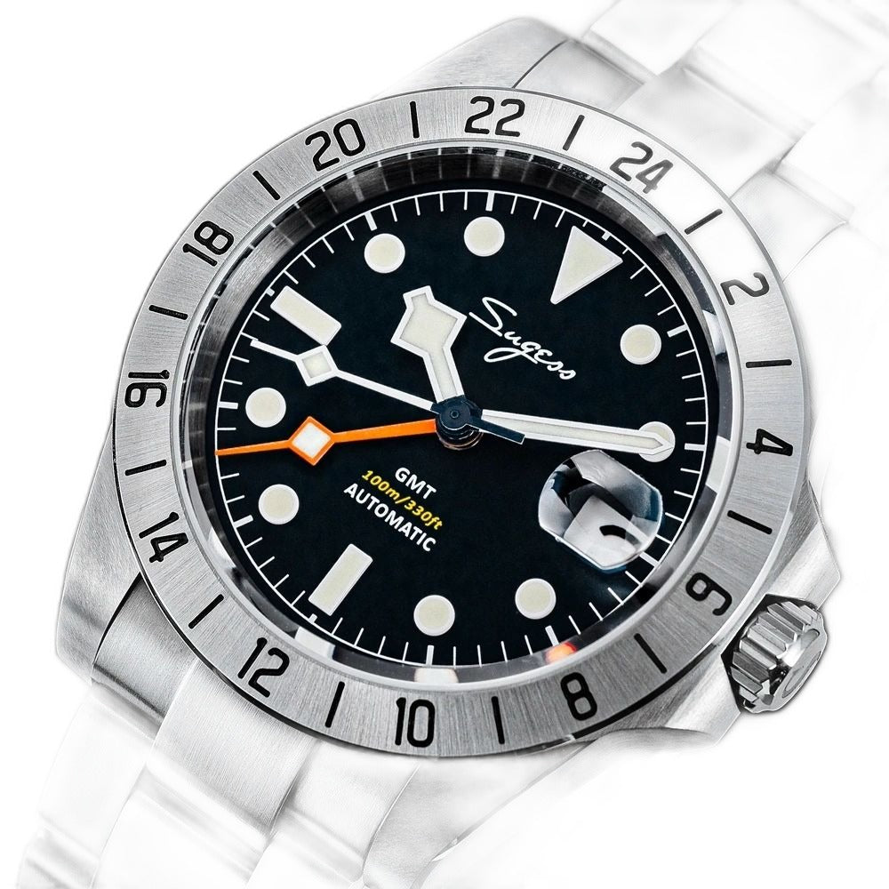 Sugess S463 GMT black dial watch, steel bracelet, low three-quarter angle on black