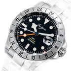 Sugess S463 GMT black dial watch, steel bracelet, low three-quarter angle on black