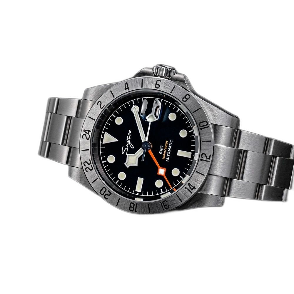 Sugess S463 GMT black dial watch, steel bracelet, three-quarter angled view on black