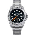 Sugess S463 automatic GMT watch, black dial, orange GMT hand, 24-hour bezel, steel bracelet, front view