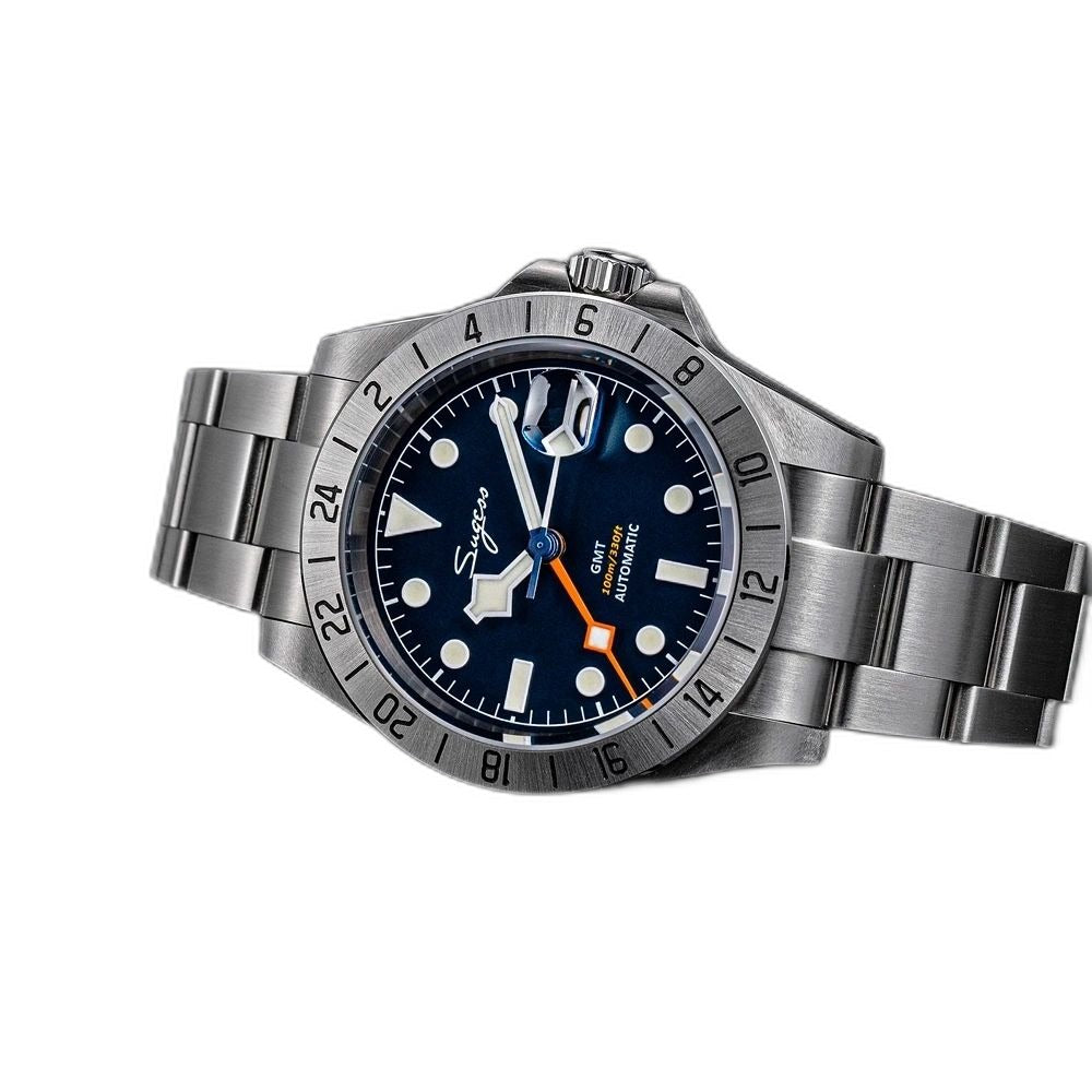 Sugess S463 GMT blue dial watch, steel bracelet, low three-quarter angle on black