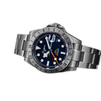 Sugess S463 GMT blue dial watch, steel bracelet, low three-quarter angle on black