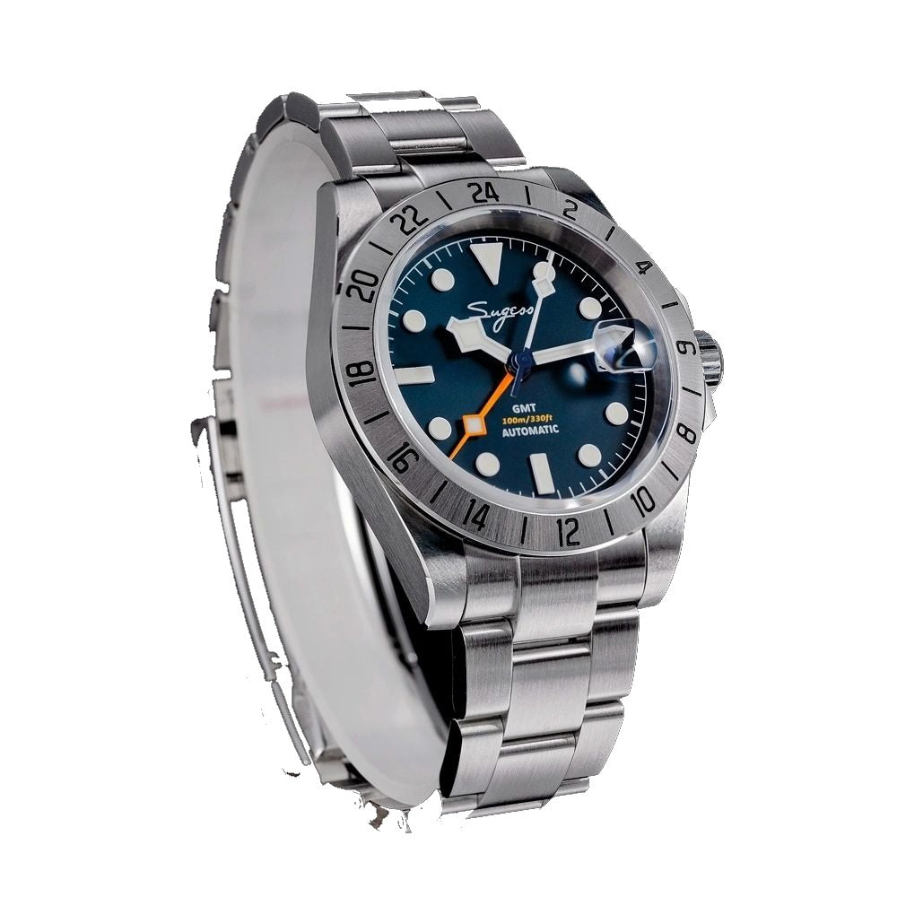 Sugess S463 GMT blue dial watch, steel bracelet, three-quarter angled view on black