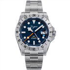 Sugess S463 automatic GMT watch, blue dial, orange GMT hand, 24-hour bezel, steel bracelet, front view