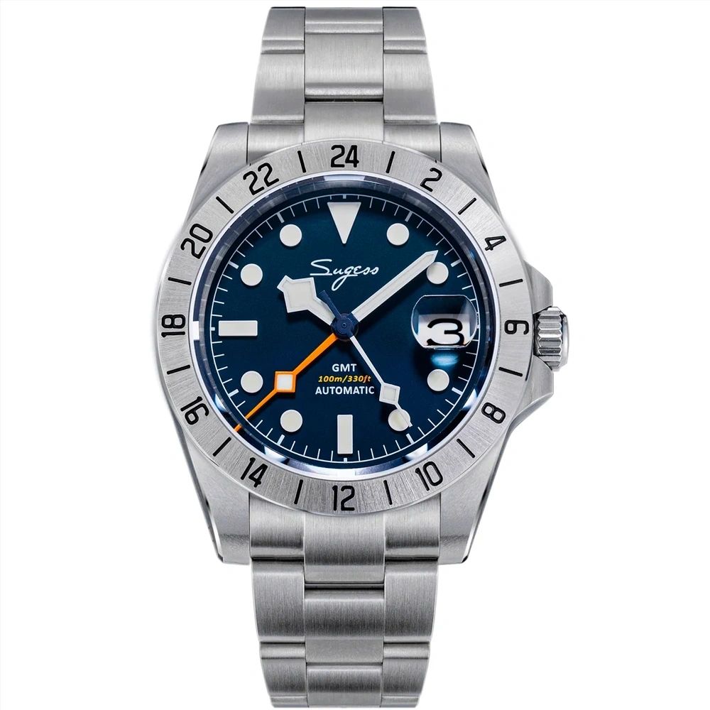 Sugess S463 automatic GMT watch, blue dial, orange GMT hand, 24-hour bezel, steel bracelet, front view