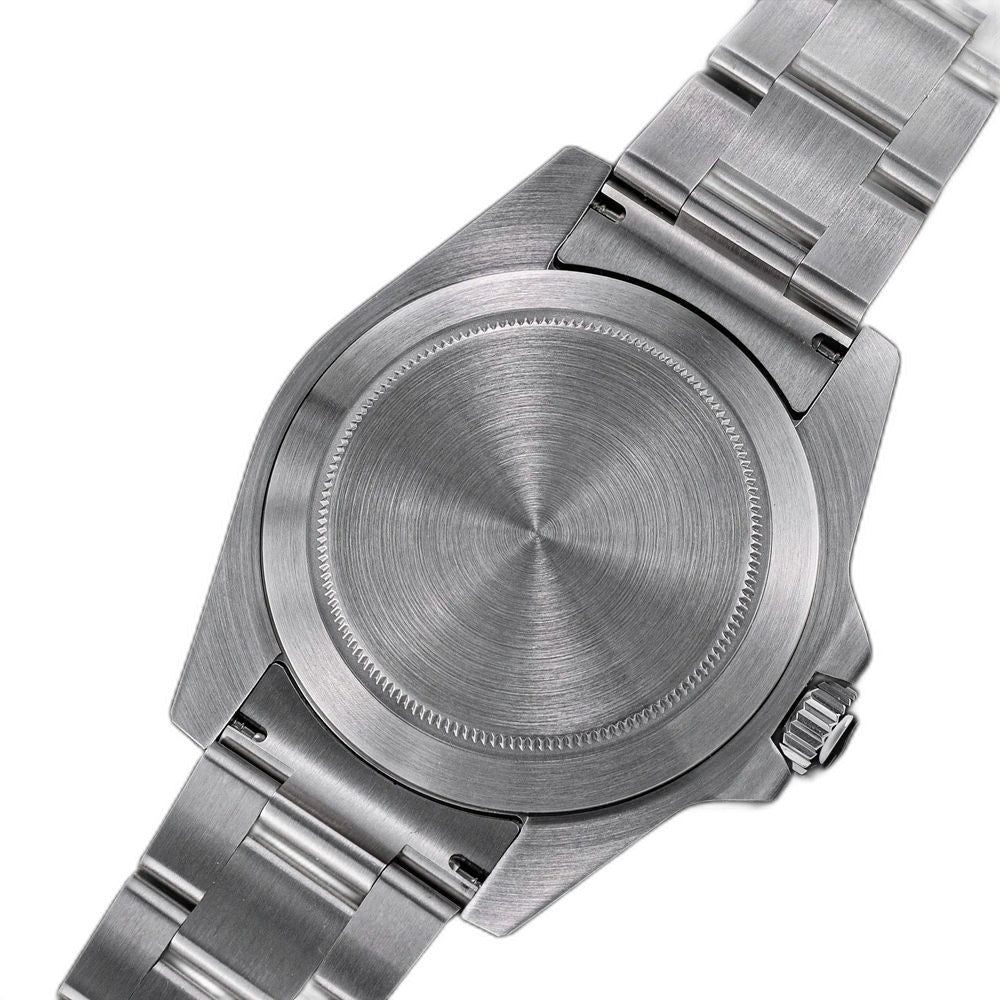 Sugess S463 GMT solid brushed steel screw-down caseback and steel bracelet, on black