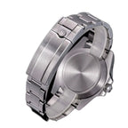 Sugess S463 GMT steel bracelet folding clasp engraved with the S logo, close-up on black