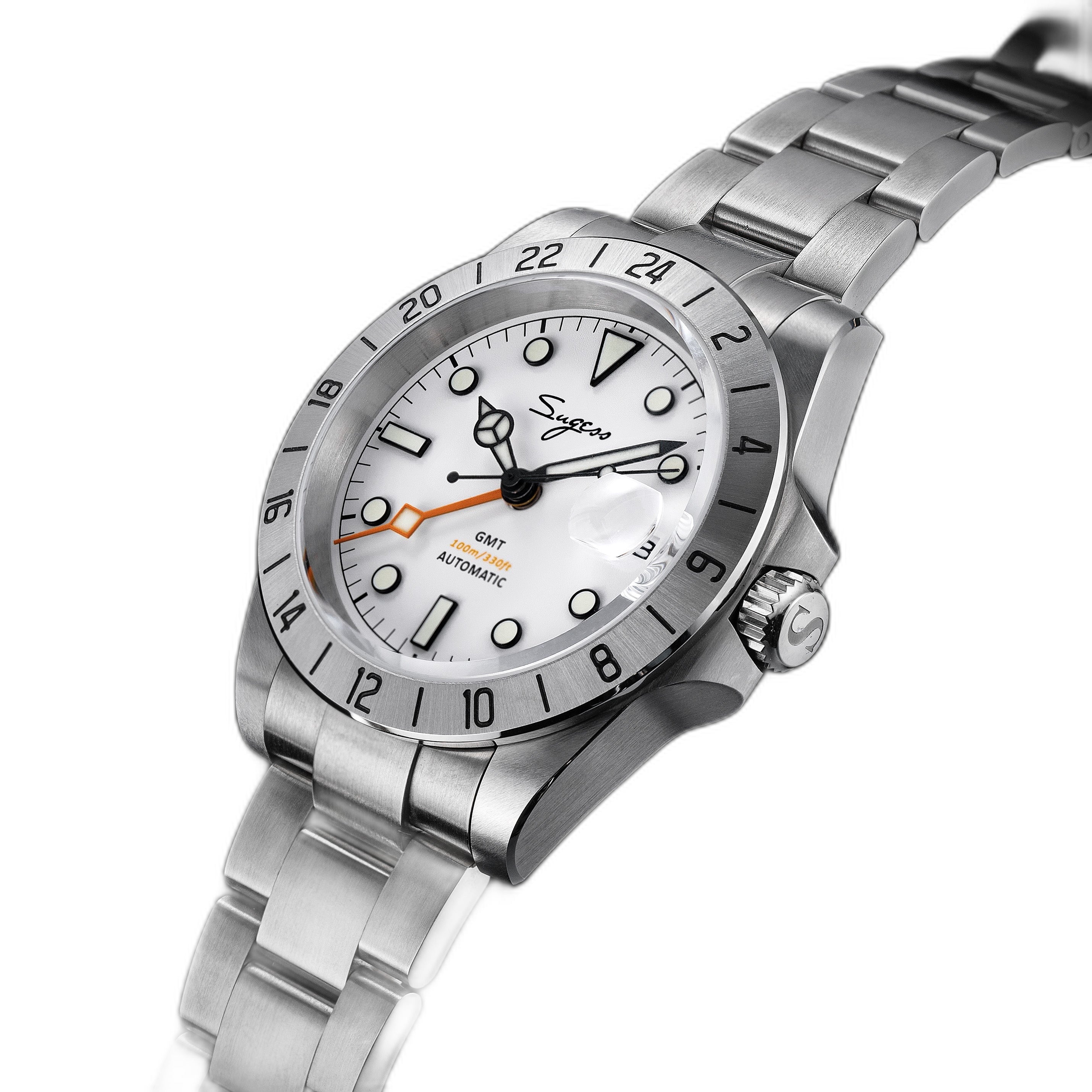 Sugess S463 white-dial GMT automatic watch, steel oyster bracelet, three-quarter studio angle on white