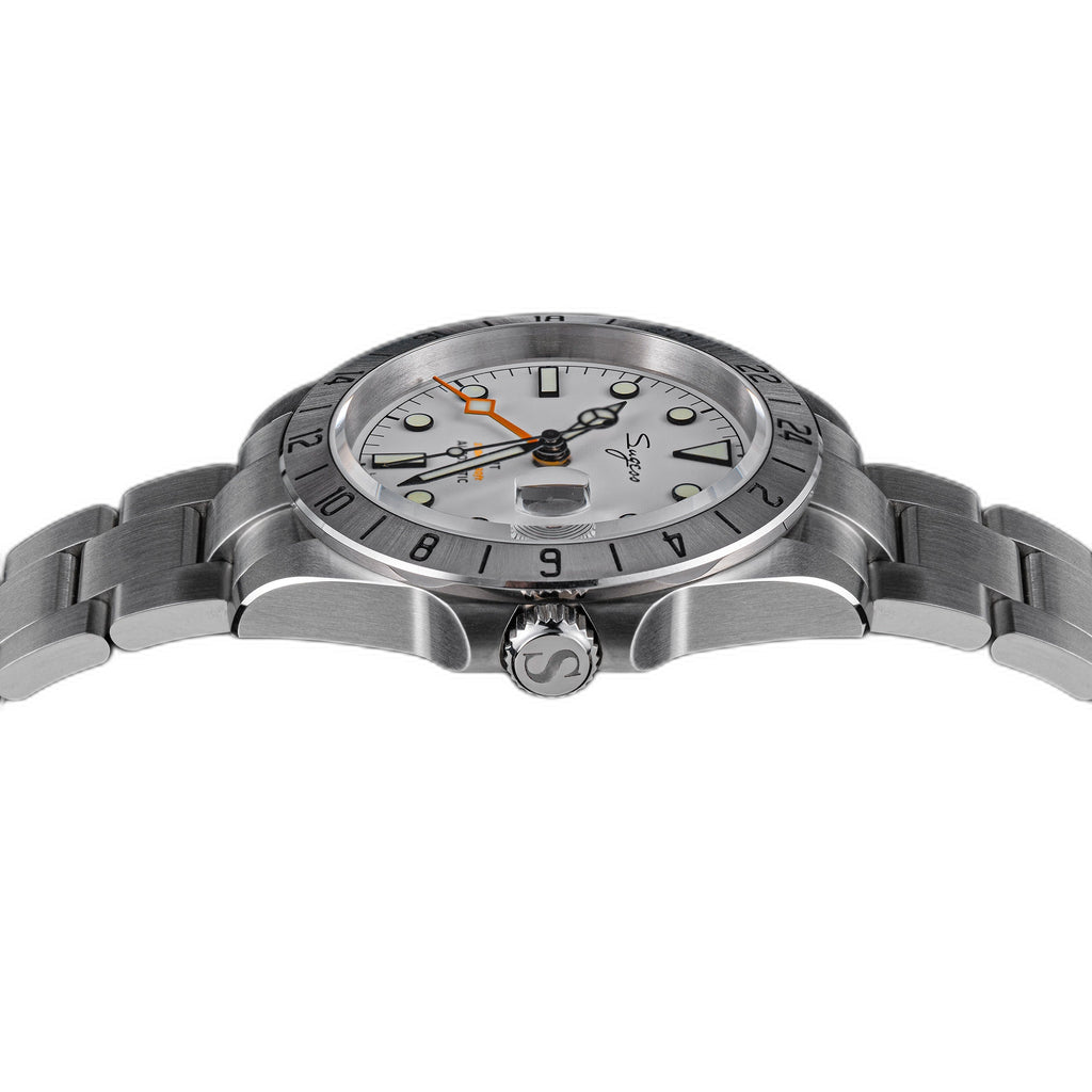 Sugess S463 white-dial GMT automatic watch, steel bracelet, three-quarter angle with S crown at right