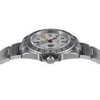 Sugess S463 white-dial GMT automatic watch, steel bracelet, three-quarter angle with S crown at right