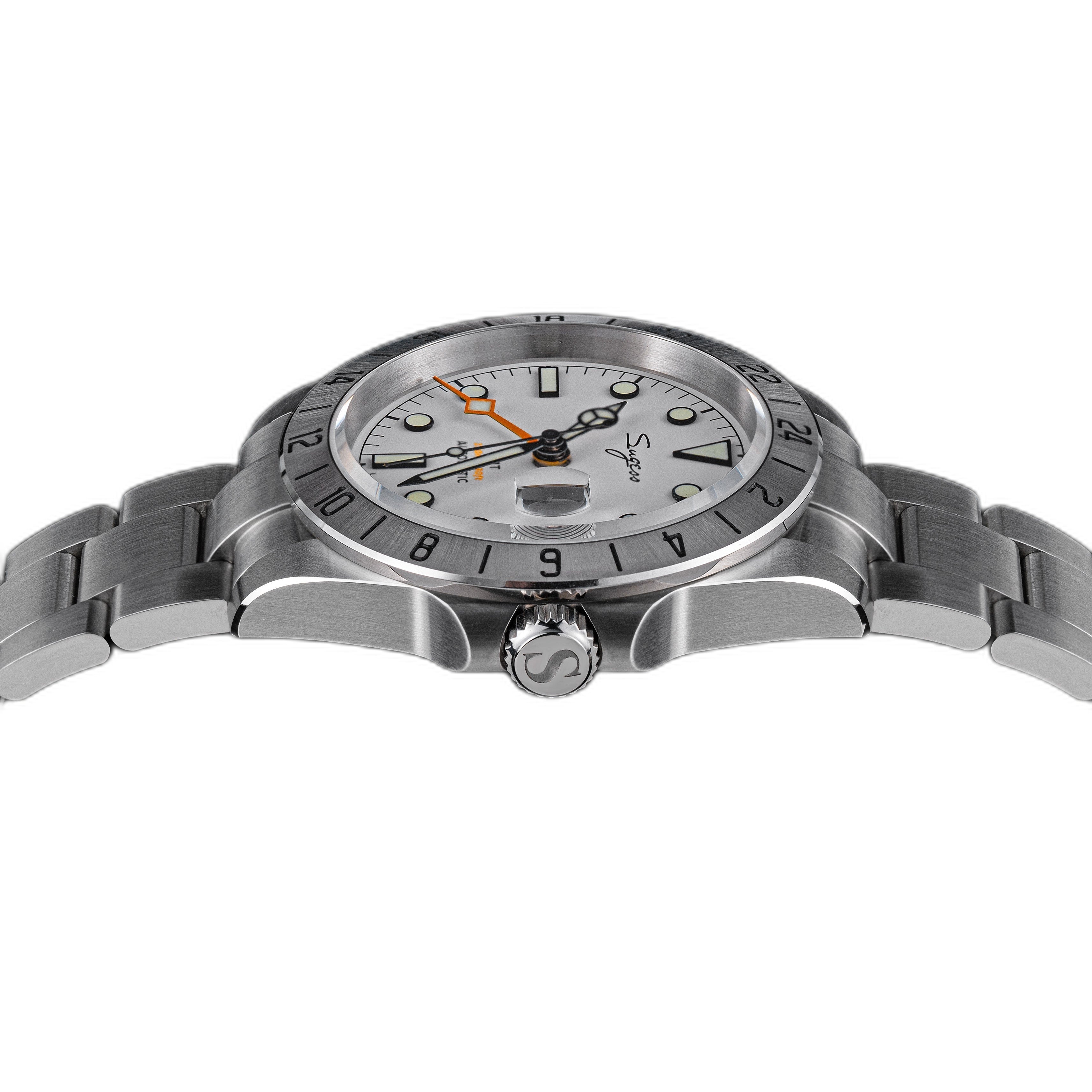 Sugess S463 white-dial GMT automatic watch, steel bracelet, three-quarter angle with S crown at right