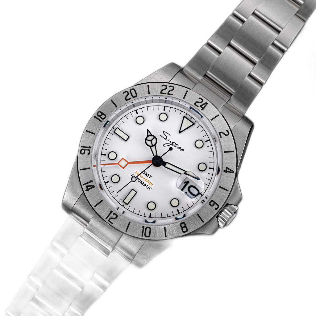 Sugess S463 white-dial GMT automatic watch, steel bracelet, tilted three-quarter view showing case profile