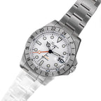 Sugess S463 white-dial GMT automatic watch, steel bracelet, tilted three-quarter view showing case profile